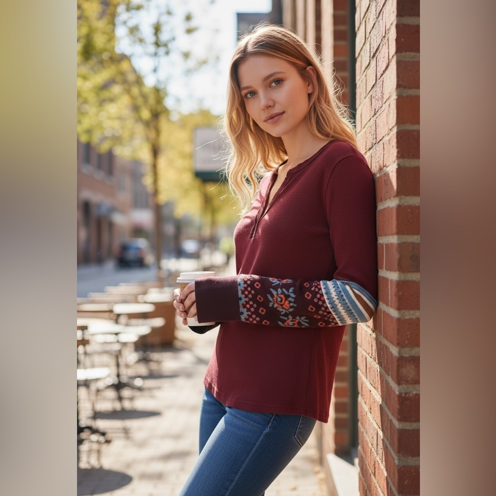 We The Free Burgundy Long Sleeve Top with Patterned Sleeves